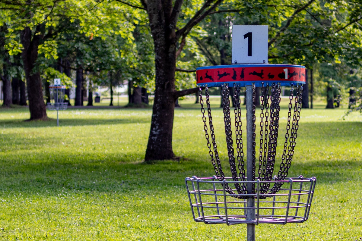 a frisbee golf cage in a park with trees