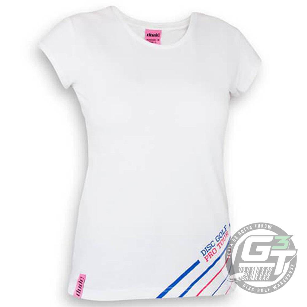 DUDE Ladies Disc Golf Pro Tour Cotton Short Sleeve Disc Golf T-Shirt - Gotta Go Gotta Throw