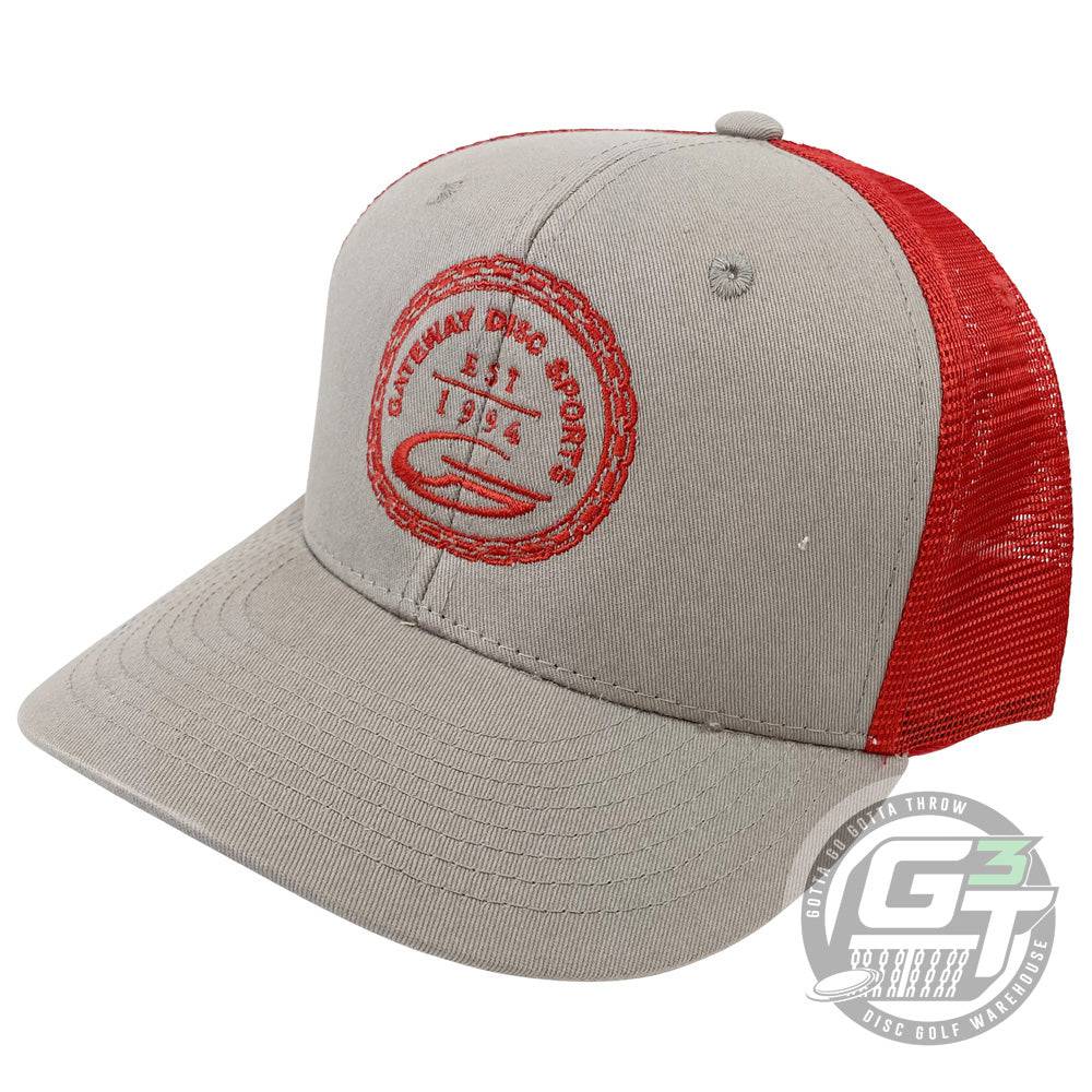 Gateway Disc Sports Apparel Light Gray / Red Gateway Disc Sports Circle of Chains Logo Snapback Mesh Disc Golf Hat